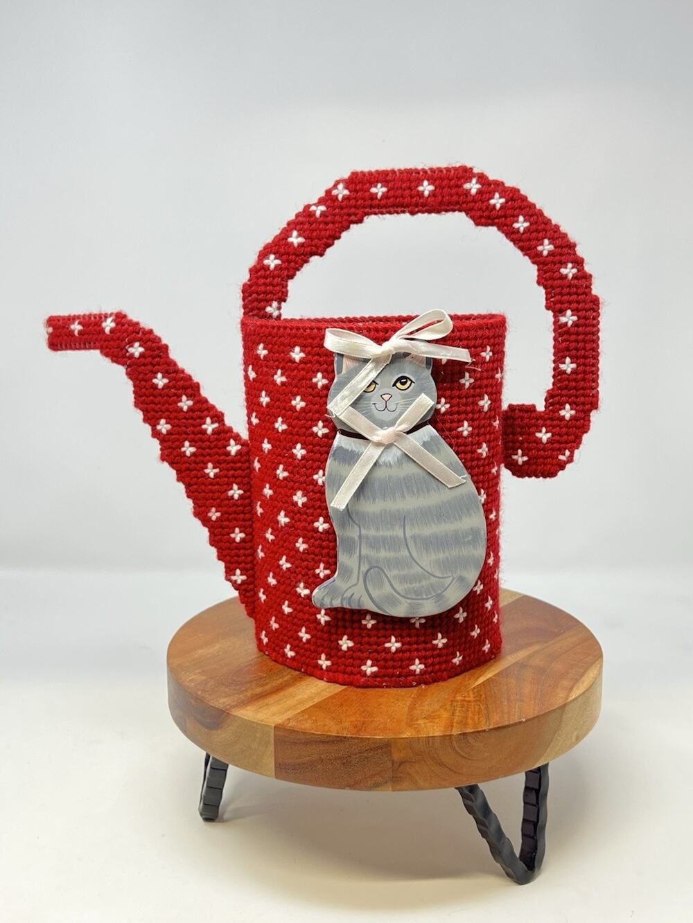 Needlecraft FINISHED Cat Flower Holder Red & White Embroidered Gray Kitty Cute!